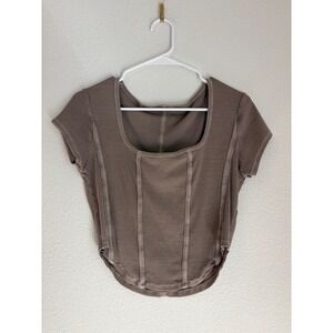 Arizona Jean Co Brown Ribbed Corset Seam Curved Hem Scoop Neck Crop Top Large